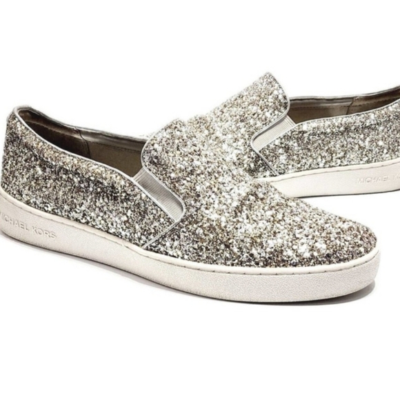 Michael Kors Glitter Slip On Sneakers Silver Metallic Size 6 MK - Picture 1 of 13